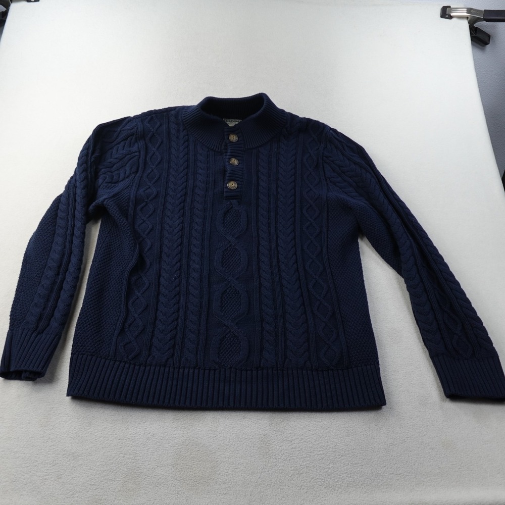 L.L. Bean Beans Heritage Soft Cotton Fisherman Sweater Mens L Navy Henley Knit